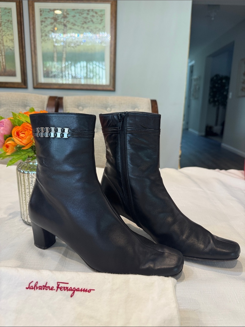 Authentic Salvatore Ferragamo Black Leather Ankle Boots with Silver Chain Accent